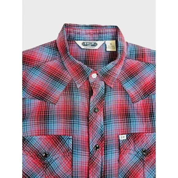 Salt Valley Size Medium Men's Red Black Blue Check Pearl Snap Long Sleeve Shirt - Picture 11 of 11